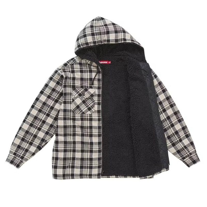 Supreme Lined Zip Up Hooded Flannel Shirt White