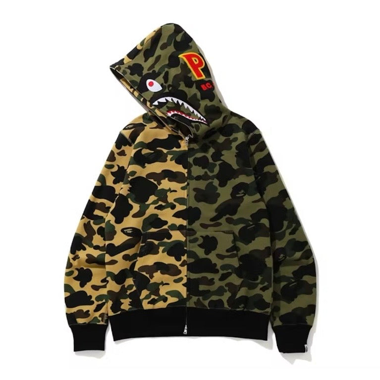 BAPE 1st Camo Half Shark Full Zip Hoodie Green/Yellow