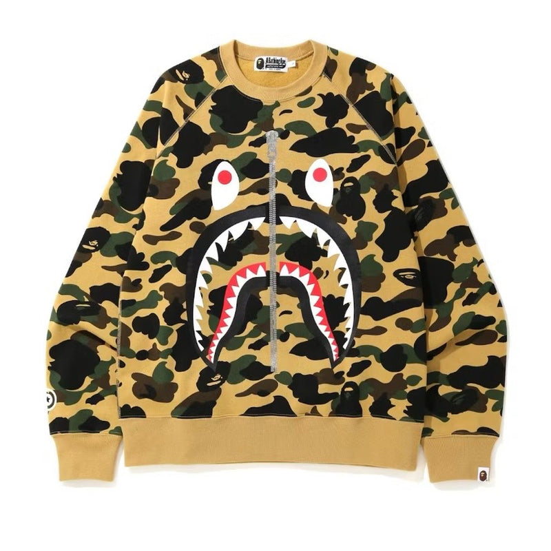 BAPE 1st Camo Metal Zip Shark Crewneck Yellow