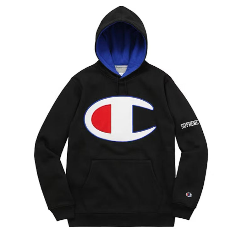 Supreme Champion Satin Logo Hoodie Black