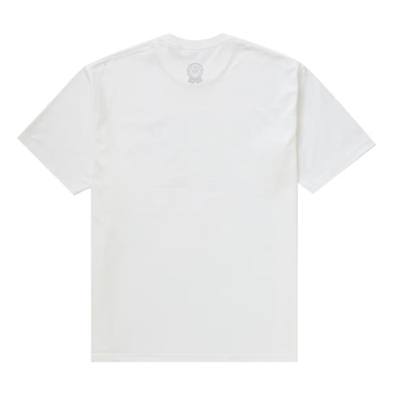White t-shirt with a small logo on the back against a white background