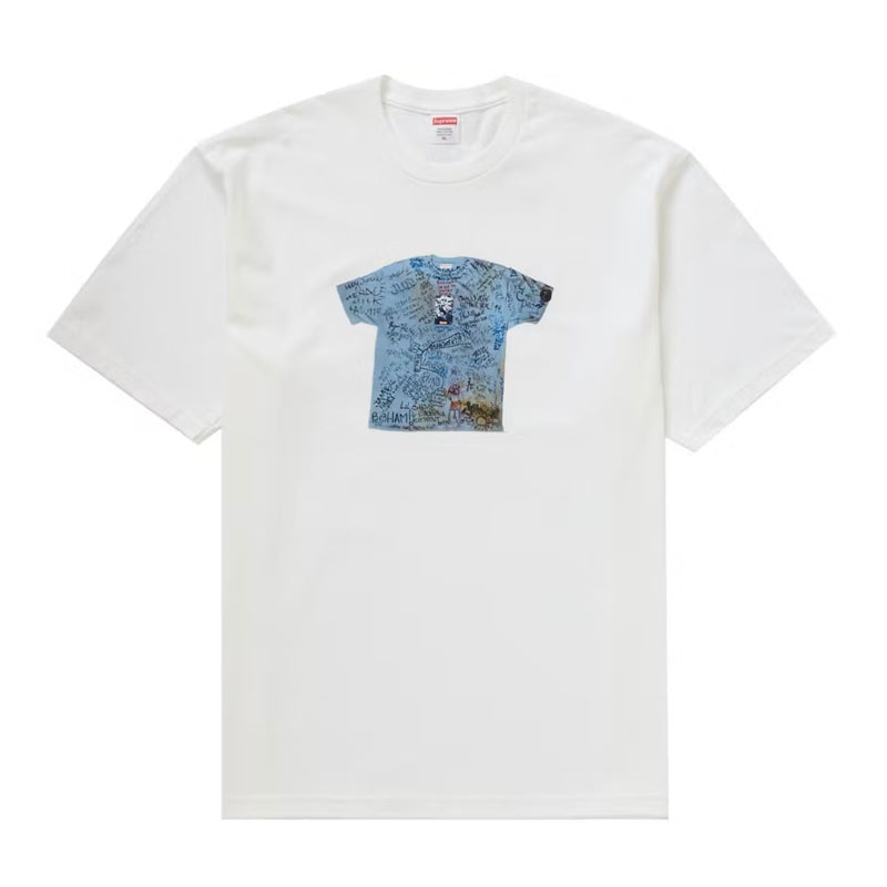 White t-shirt with a smaller blue and white graphic on a white background