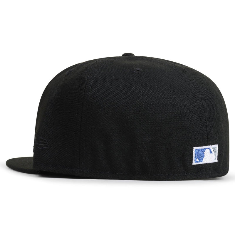 Black baseball cap with a logo on a white background