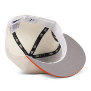 White cap with gray brim and black logo on a white background