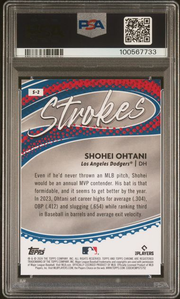 Back of 2024 Topps Chrome Shohei Ohtani Strokes #S2 PSA 10 card showing PSA cert 100567733