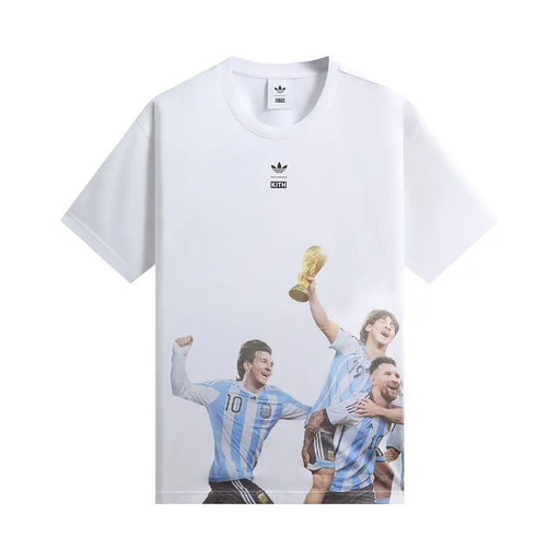 Front view of Kith X Adidas Messi World Cup Tee White with Adidas and Kith logos and football graphics